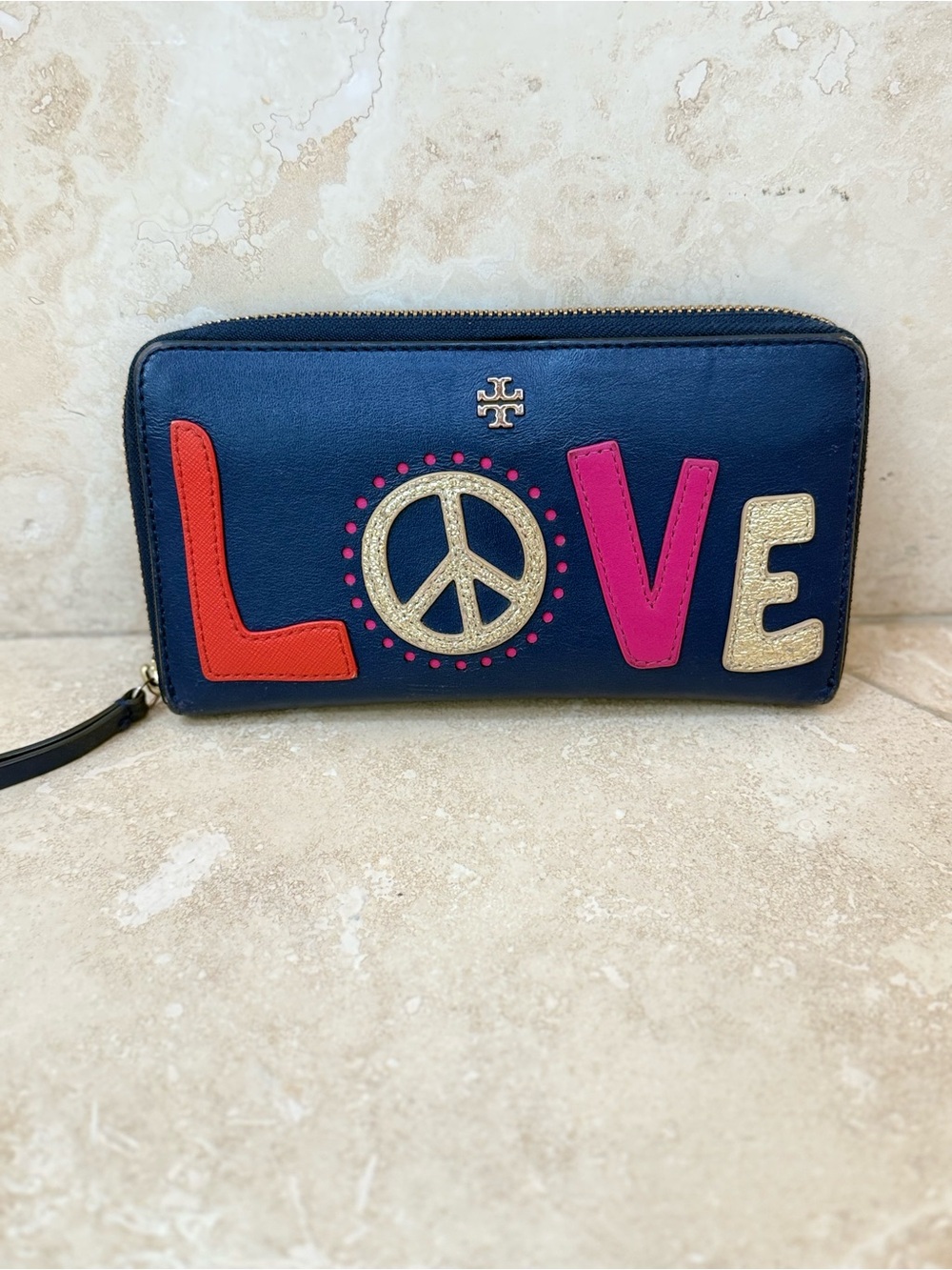 Tory Burch Retro Peace Love Leather Continental Long Zip Wallet Navy